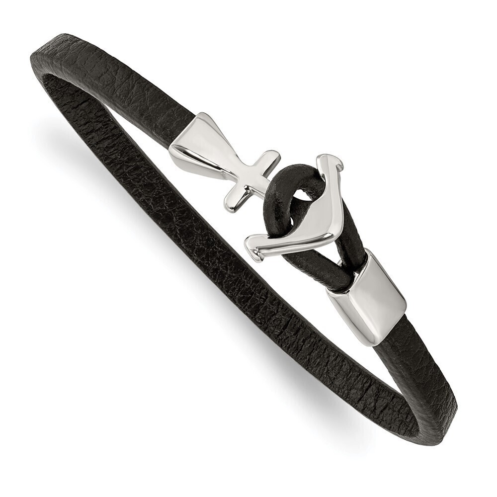 Kazi Luxury Chisel Stainless Steel Polished Anchor Black Leather 8 inch Bracelet